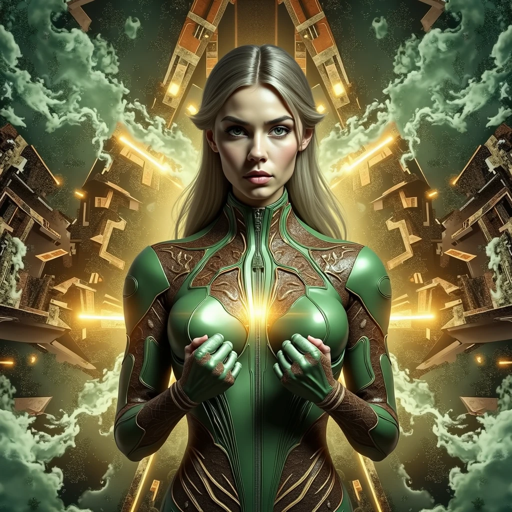a young lady,displaying her own power.((corruption,entropy,decay,resilient, toxic)),((dark green,rusted brown, yellow greenish)),(( Full figure wiew)). ((Three quarter wiew)).((fractal)),((deep wiew)),modern suburbs scenario background,photographic,ultra high resolution,hyperdetailed, masterpiece, 3d modelling, digital art.