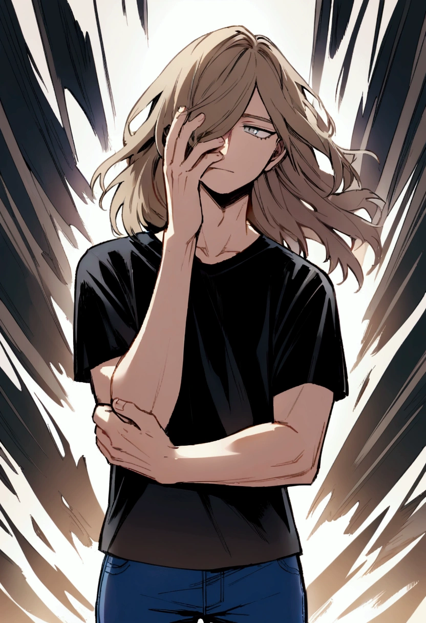 Create a character in boku no hero academia style, male, has grey eyes and light brown hair down covering his left eye, wearing black t-shirt and blue jeans, his face is calm