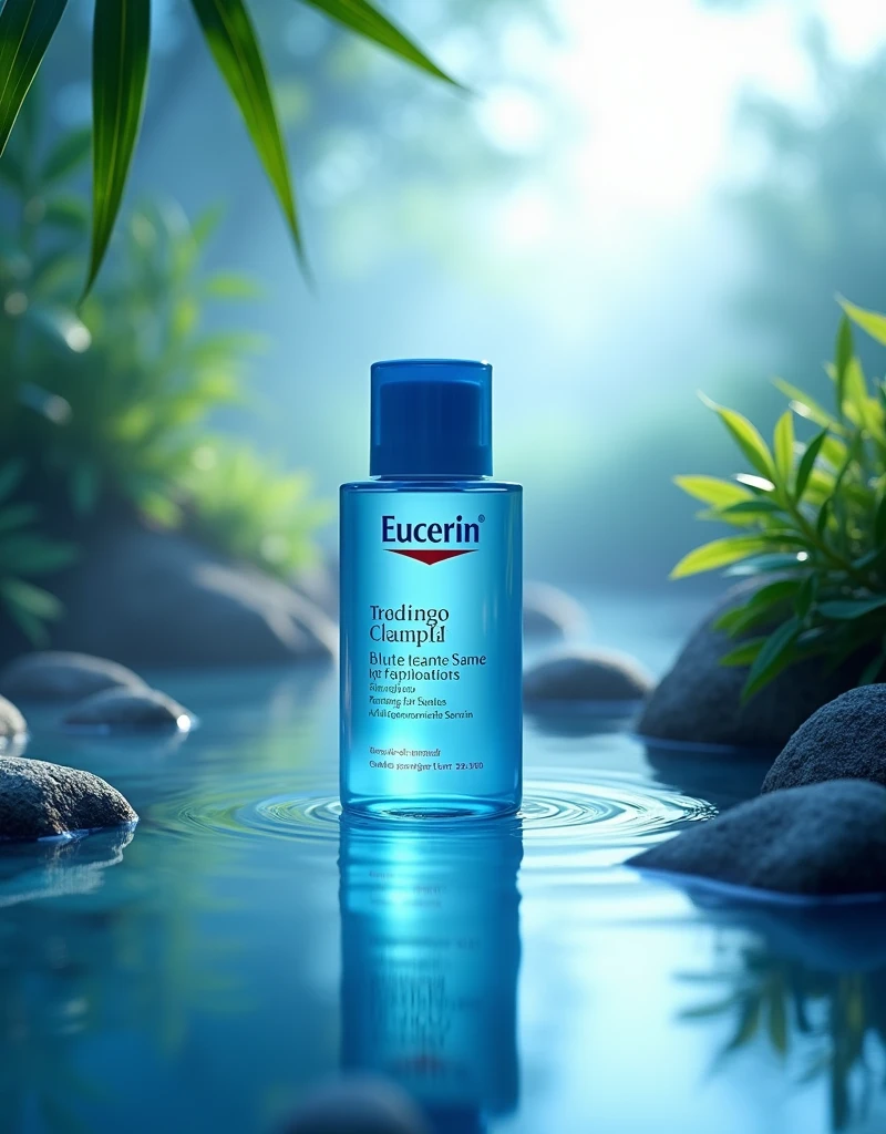 Eucerin brand blue serum in blue nature with a radiant light 


