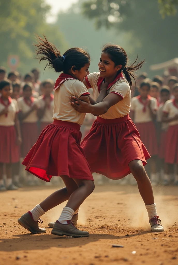 A wrestling fight between 2 Indian girls at school . In skirts. With anger in face. In school playground. Other students cheering them. Rolling in ground still fighting