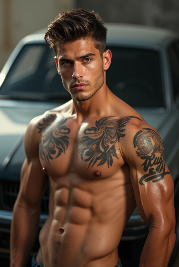a young man AI high quality muscular tattoo with name ruy tanned skin piercing gaze light pink mouth with realistic car background