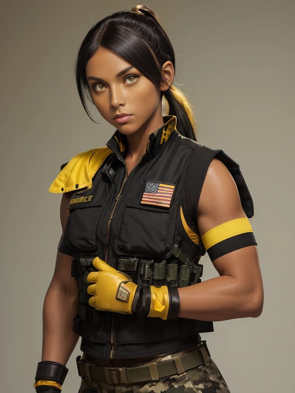 (26 year old:1.3), (tanned bronze skin:1.4), (Yellow colored eyes:1.4), (Short Black Hair:1.3), (Pony-Tail hair style:1.3), (Athletic:1.4), (Wearing: USA marine corps uniform, camouflage military uniform, bulletproof vest, and gloves), army girl, soldier girl, infantry girl, 
