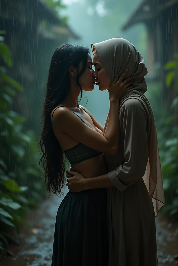 beautiful hijab indonesian lesbian girl laying down,bra and panties,hugging,french kiss,breast grope,view from far,,raining,x