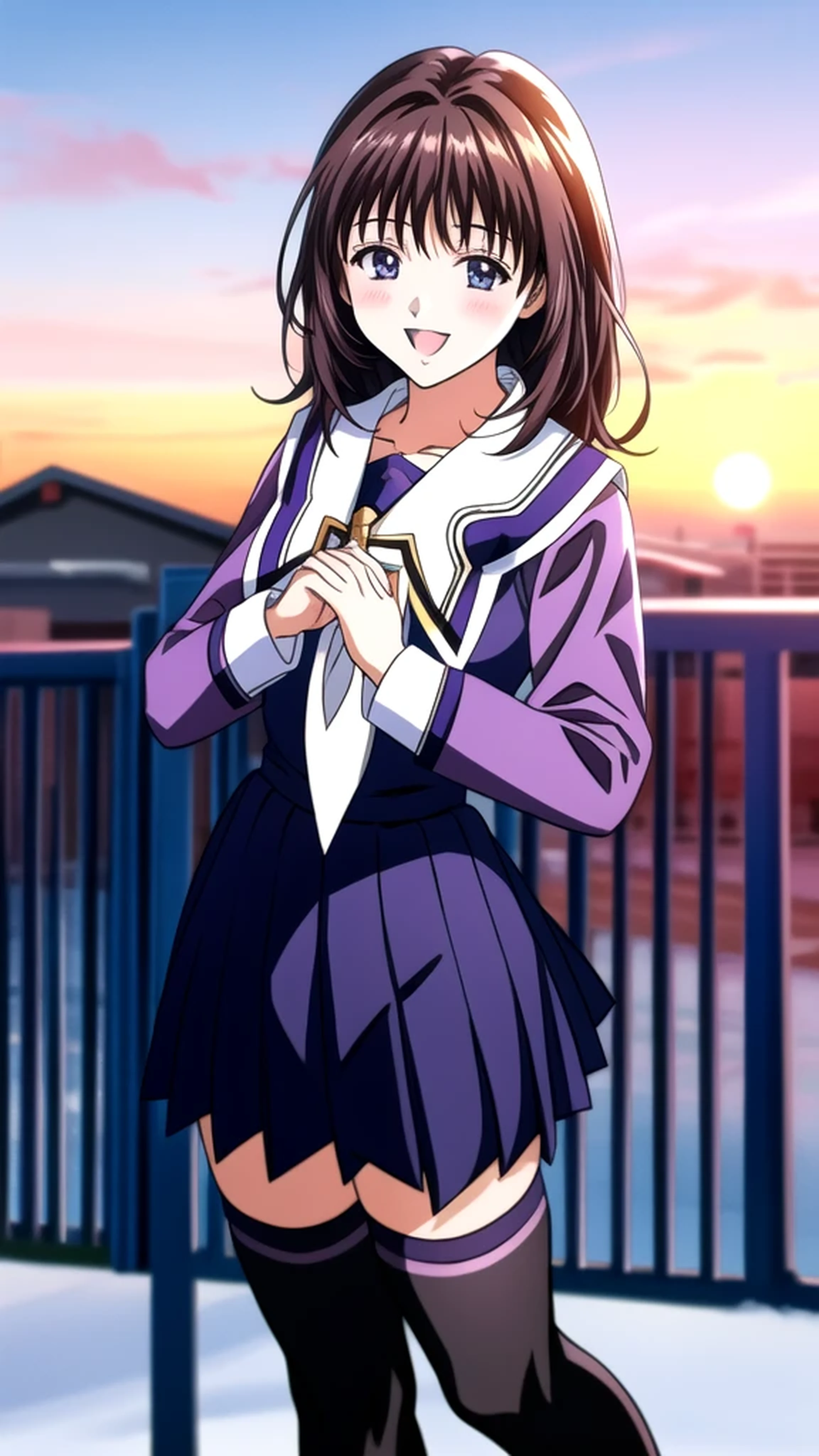 Anime illustration　Yoshizuki_Iori, 1 person, School_uniform_purple_shirt_green_skirt_white_neckerchief_black_Knee socks, blush, Cute Smile　Open your mouth, Are standing, Are you standing in front of the fence with a scarf around your neck?, (Winter Night、With the sunset and the fence behind、Confessed on the school rooftop。I got closest to that smile:1.1), (Place your hands on your chest:1.3), Two Arms