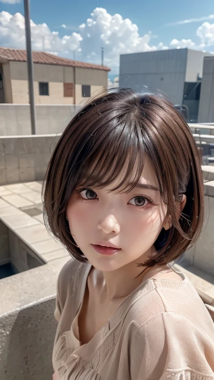 (Perfect Anatomy:1.2)(Absurd, High resolution, Super detailed),masterpiece,Highest quality,High resolution,8k,Realistic Face,Realistic skin texture,Expanded Texture, ,Amazing clarity,Cowboy Shot,View the viewer、blush、Angle from below、Background is sky、((Looking down at the ground from above))、Hair blowing in the wind,amount、looking at the camera、sheer、Bob Hair