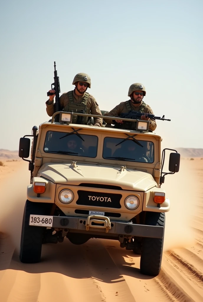 soldiers in a military vehicle driving through the desert, armed guerrillas, military vehicles, TOYOTA truck, military equipment, military weapons, modern military equipment, battle ram, vehicle, military equipment, military, profile pictures, female soldiers, military pictures, military photos multicam, militaristic, beautiful shot, baby carriage, desert camouflage, hello warthog, tactical,