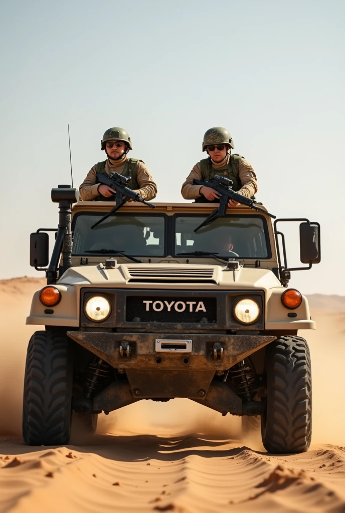 soldiers in a military vehicle driving through the desert, armed guerrillas, military vehicles, TOYOTA truck, military equipment, military weapons, modern military equipment, battle ram, vehicle, military equipment, military, profile pictures, female soldiers, military pictures, military photos multicam, militaristic, beautiful shot, baby carriage, desert camouflage, hello warthog, tactical, 