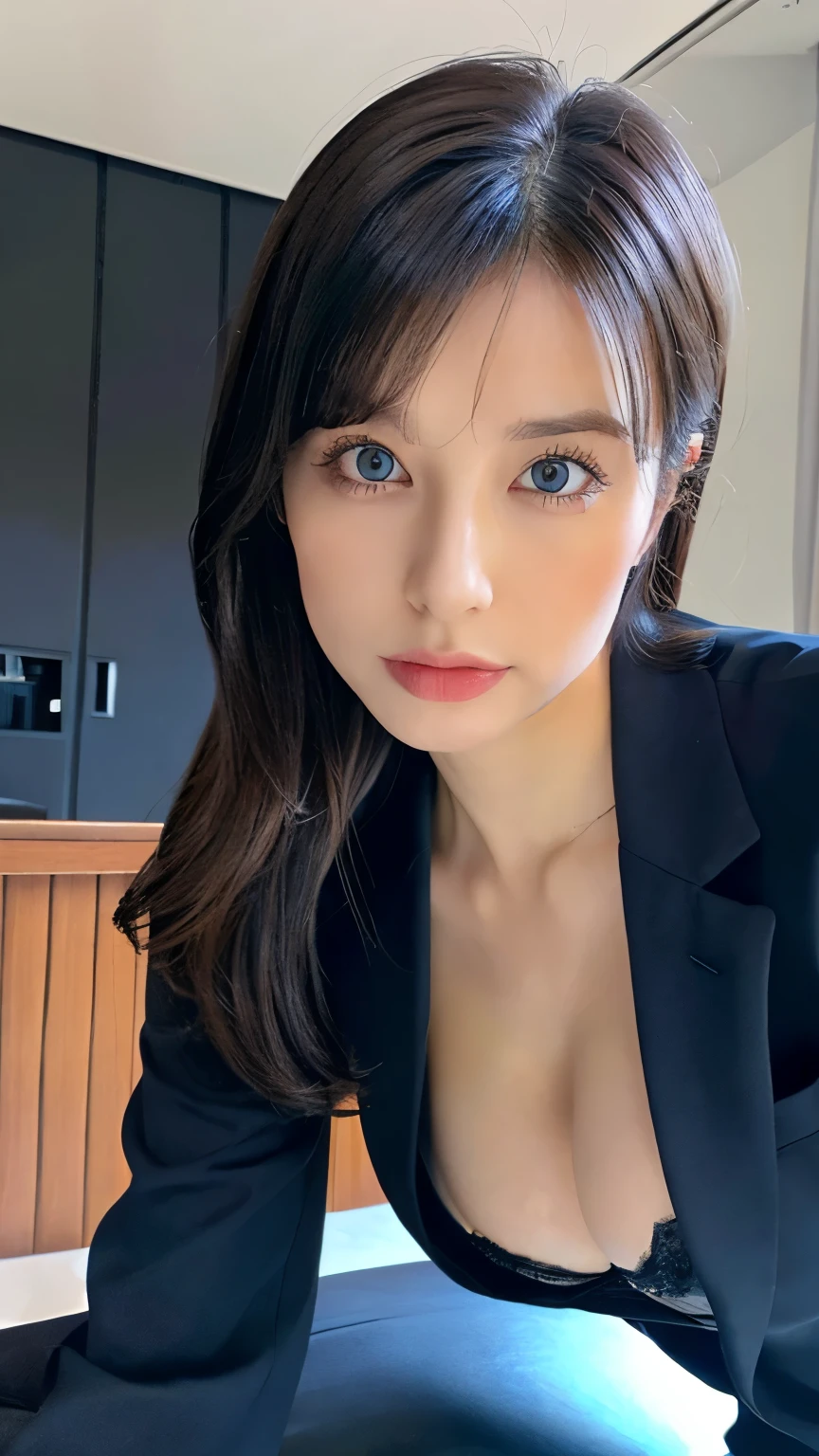 ((masterpiece:1.3)), realistic , 8k, (huge breasts), Ultra-realistic, Dark Elf , wallpaper, 24year’s old, blue eyes, sexy, (Business suit jacket:1.1), look up, silver of hair, beautiful face, Dark Skin, The absurdity of exposed cleavage, thighs,((low-angle shot)), open mouse, face forward, model pose, extreme forward leaning posture, Half American, Half Japanese