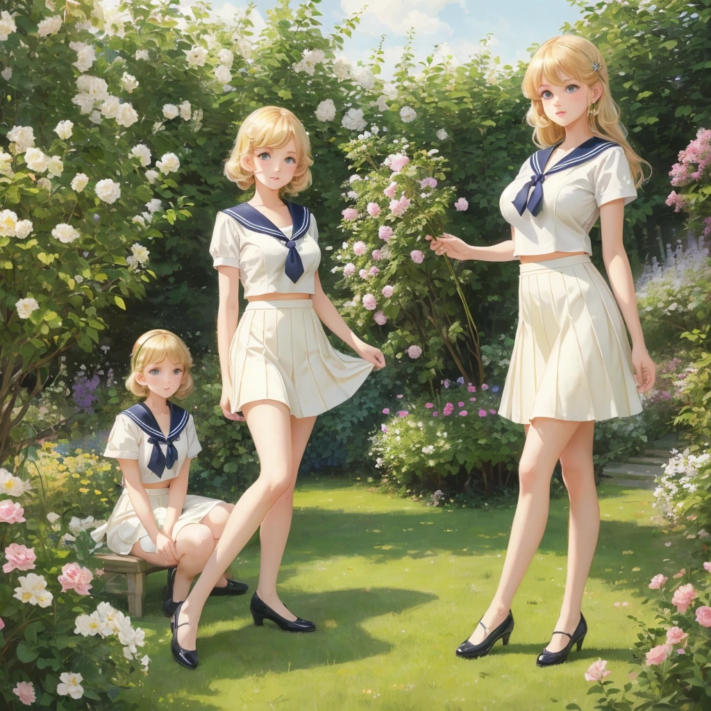 3 girls, organize , long hair, Large Breasts , blush, blond, Green eyes, Sailor suit cropped top,1933 style,cute and beautiful girl,1,In the garden,Beautiful long legs,High resolution, best quality, masterpiece, Lift skirt and top