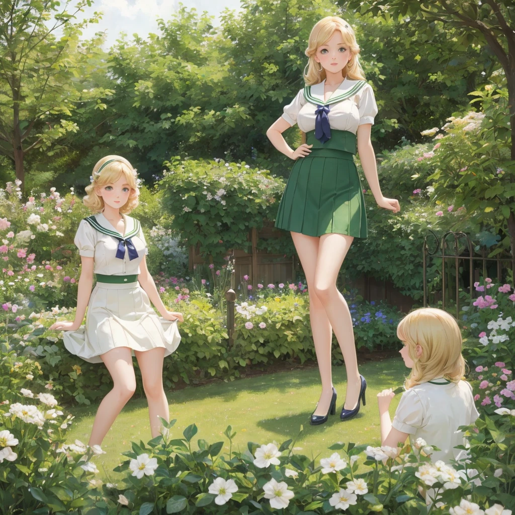 3 girls, organize , long hair, Large Breasts , blush, blond, Green eyes, Sailor suit cropped top，1933 style，cute and beautiful girl，1，In the garden，Beautiful long legs，High resolution, best quality, masterpiece, Lift skirt and top 