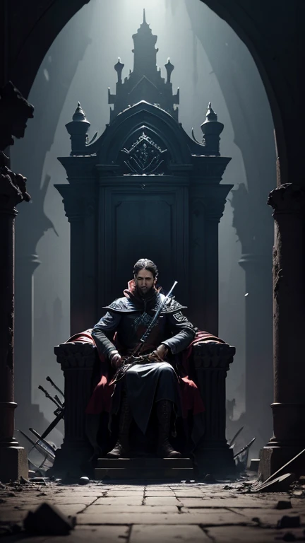 (dark environment:0.8), Man sitting with authority, Castle in ruins, sword stuck to the side of the throne, dark aura