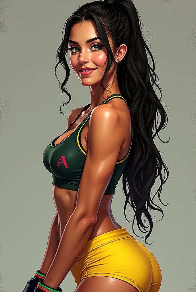 A Brazilian fighter named Lucia Fernandez. Appearance - Complexion: light brunette, with a healthy glow.
- Eyes: greens, full of life.
- Hair: long, wavy and black, usually loose or in a high ponytail.
- Clothes: Prefer sporty and comfortable clothing, such as tight tops and shorts or leggings in bright colors.
- Accessories: Colourful bracelets and a constant smile.


