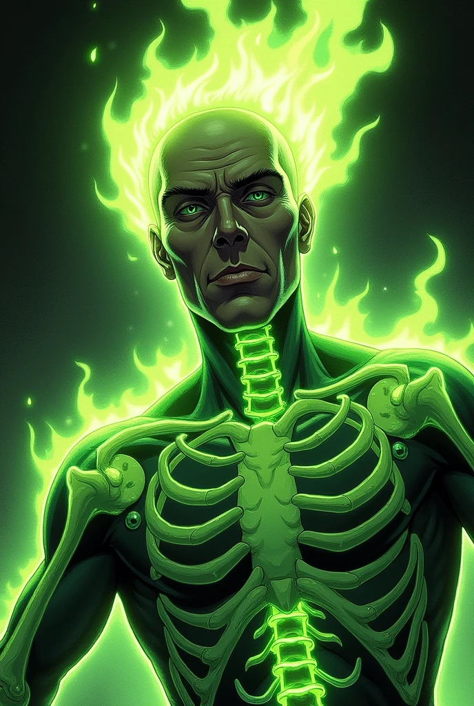 a closeup of a man with green fire on his head and torso, glowing human, As illustrated in Top Cow Comics, Shining in power, Holding green fire, Bright Green Soul Blade,skeleton,skeleton humano,bones,melt,nuclear,(1man)