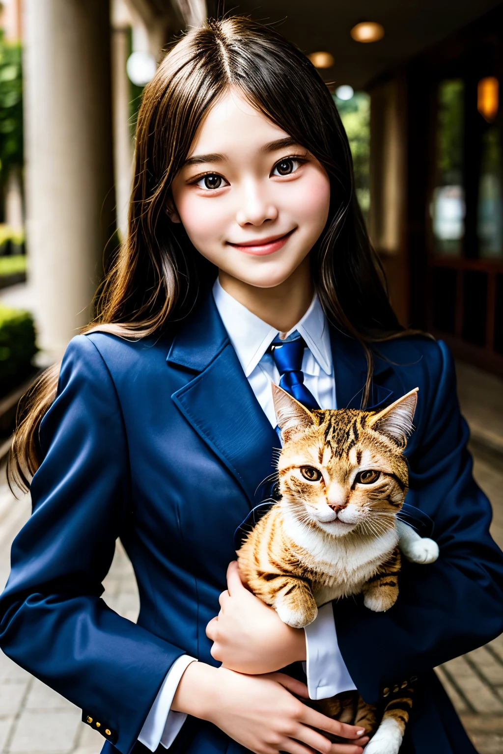 ((Highest quality)), ((masterpiece)), (detailed), One person, high school student、Wearing a uniform、Holding a cat、smile、Dress shirt、tie、blazer、school uniform、Outdoor、