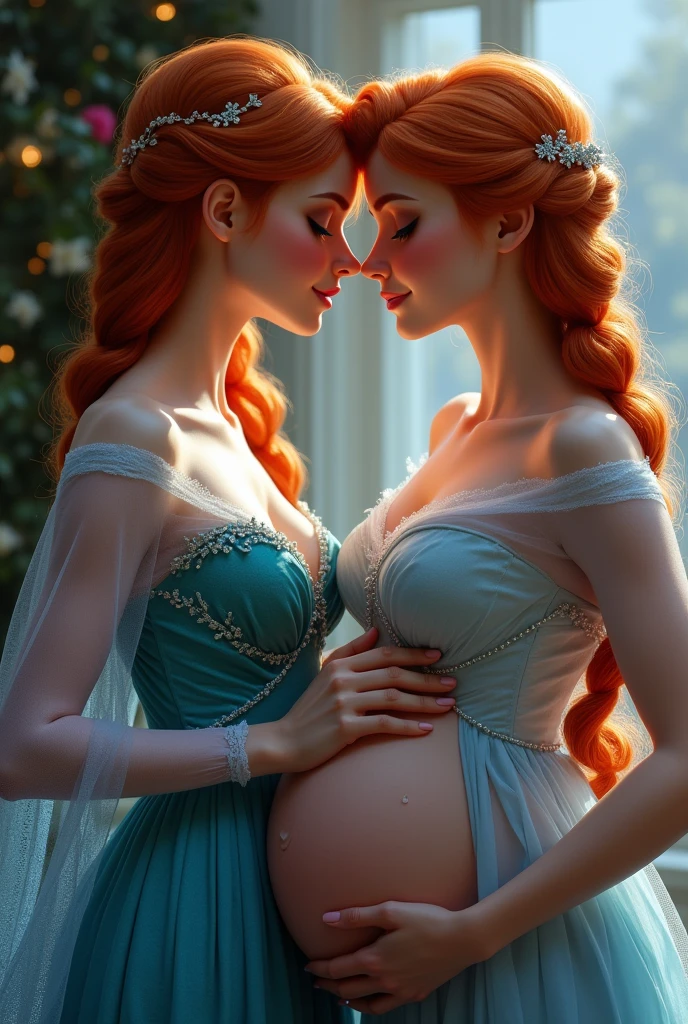 A stunning portrait of Elsa and her sister Anna touching each others breasts, kissing, French kissing, tongues touching, they are kissing, young and beautiful, hyper realistic, real portrait, backlit, exquisite features, cleavage, Elsa is showing her vagina to Anna and asking her to lick her vagina, she is inserting his fingers in her vagina under her skirt, she is fingering her, Elsa is pregnant, Anna is taller than Elsa, Anna is touching Elsa’s pregnant stomach, Anna has red hair,