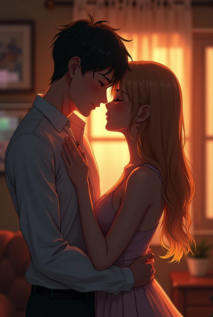 masterpiece,best quality,32k uhd,hdr,dtm,cinematic lighting effects,anime couple kiss for profile photo, in the room