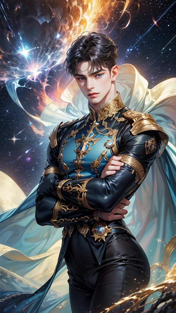 (masterpiece, high resolution, detailed:1.3), a mesmerizing depiction of a (strikingly handsome young man:1.2) donning (wearing transparent see-through futuristic clothes, bulge:1.2), standing against the backdrop of the vast and mysterious cosmos, breathtaking grandeur, LED internal lighting, cyberpunk style, fibre optic hair, glowing blue iris, muscular, best quality, masterpiece, His (toned physique:1.2) is bathed in the soft glow of distant stars, creating an otherworldly aura. As he gazes out into the depths of space, his (intense blue eyes:1.2) reflect the wonder and curiosity of his cosmic journey. The intricate details of his attire and the (subtle gleam:1.2) on his skin are meticulously captured, lending an air of realism to the scene. The celestial expanse behind him is a tapestry of (nebulous formations:1.2), (dazzling galaxies:1.2), and (shooting stars:1.2), a breathtaking testament to the beauty of the universe. This artwork melds the allure of a beautiful man with the awe-inspiring vastness of space, evoking a sense of both intimacy and grandeur. intricate details, dynamic pose, dynamic angle, (surreal), (illustration), ((oil painting \(medium\):1.2)), sharp focus, soft lighting, vibrant colors, cinematic photography, dynamic angle, volumetric lighting, film grain, hard shadows