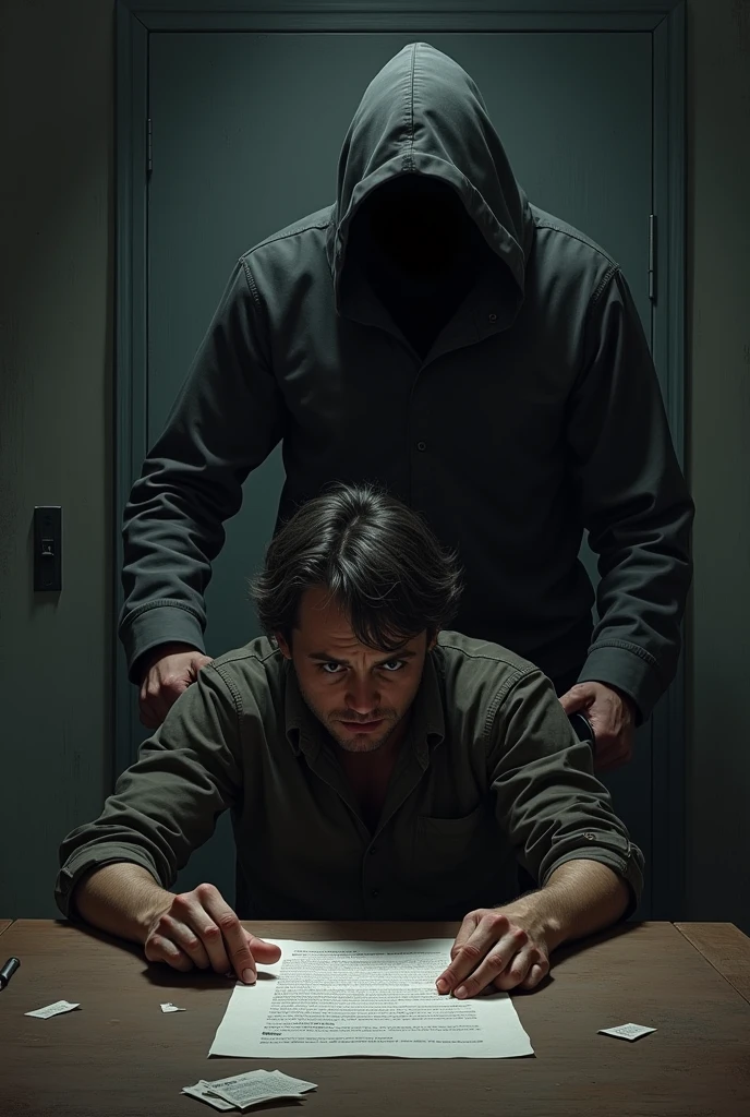 A person is being unlawfully detained and is seated at a table with a contract in front of them.

The figure detaining them is standing near the door or exit, blocking any escape.