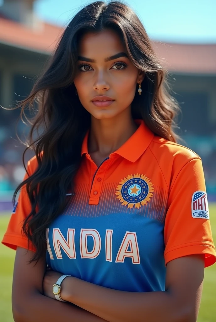 Indian South Actress Rashmika Mandana.
Wearing indian team jercy
