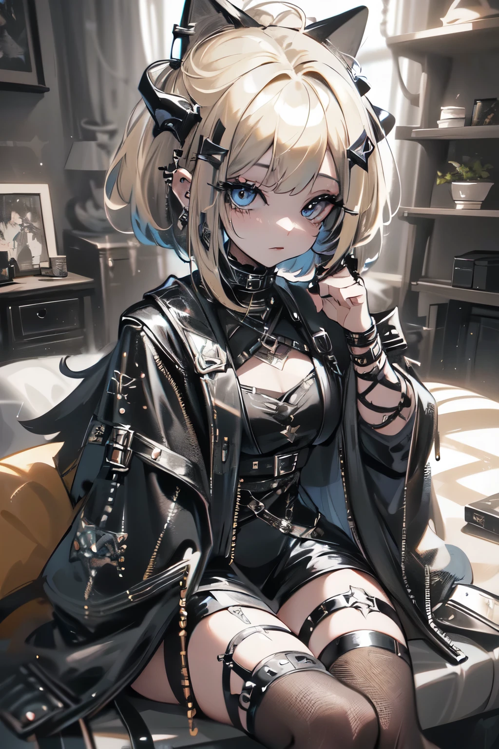 High quality images、masterpiece、8k、Blonde Bob Hair、Wearing a short shiny black leather jacket、Punk design hot pants、Looks forward and provocative、Big Blue Eyes、Colorful Makeup、Refined depiction、I have a guitar、Rock style room。

