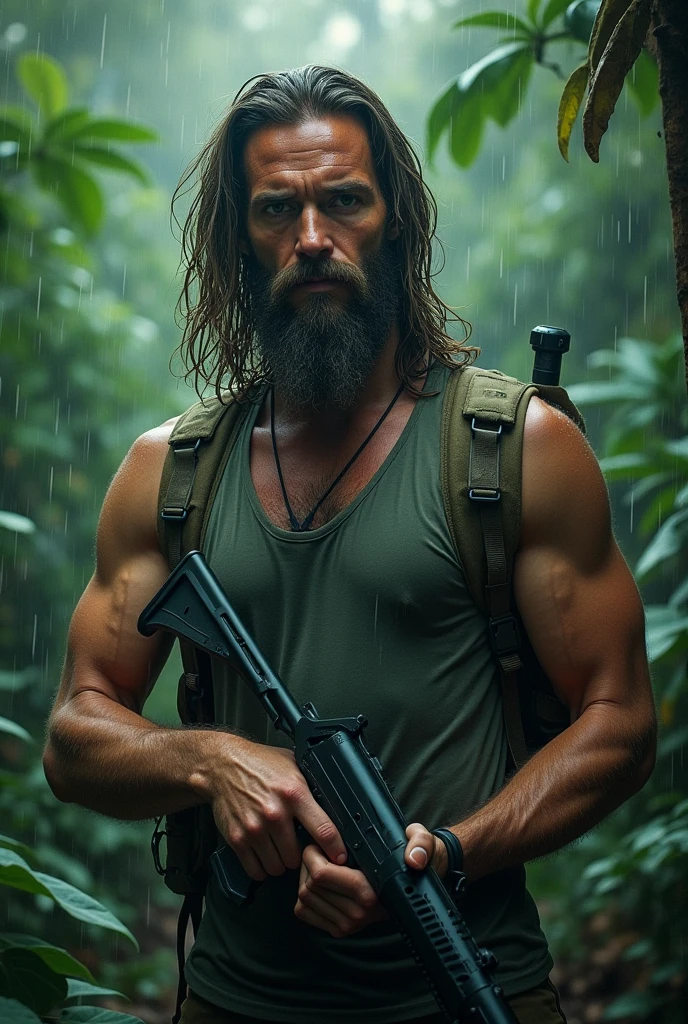 "A cinematic hyperrealistic posterized version of male with beard long hair sleeveless shirt with camping tactical back holding pistol Glock 17 rain forest jungle title wrote SESAT