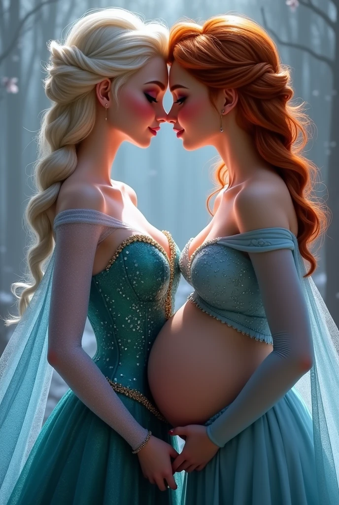 A stunning portrait of Elsa and her sister Anna touching each others , kissing, French kissing, tongues touching, they are kissing, young and beautiful, hyper realistic, real portrait, backlit, exquisite features, cleavagis showing her vagina to Anna king her to lick her vagina, she is inserts fingers in her vagina under her skirt, shengering her, Elsa is pregnant, aller than Elsa, Anna is touching Elsa’s pregnant stomach, Anna has red hair, 