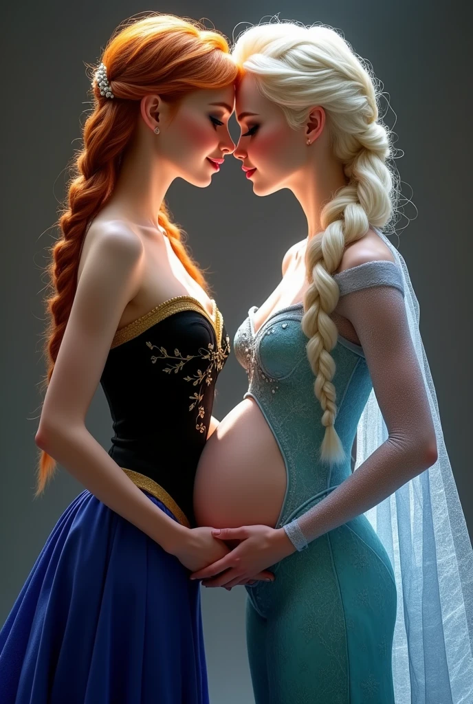 A stunning portrait of Elsa and her sister Anna touching each others breasts, kissing, French kissing, tongues touching, they are kissing, young and beautiful, hyper realistic, real portrait, backlit, exquisite features, cleavage, Elsa is showing her vagina to Anna and asking her to lick her vagina, she is inserting his fingers in her vagina under her skirt, she is fingering her, Elsa is pregnant, Anna is taller than Elsa, Anna is touching Elsa’s pregnant stomach, Anna has red hair,