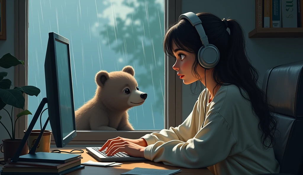 A woman inside a room with headphones studying on the computer and a bear cub looking at her, outside the rain falling. 