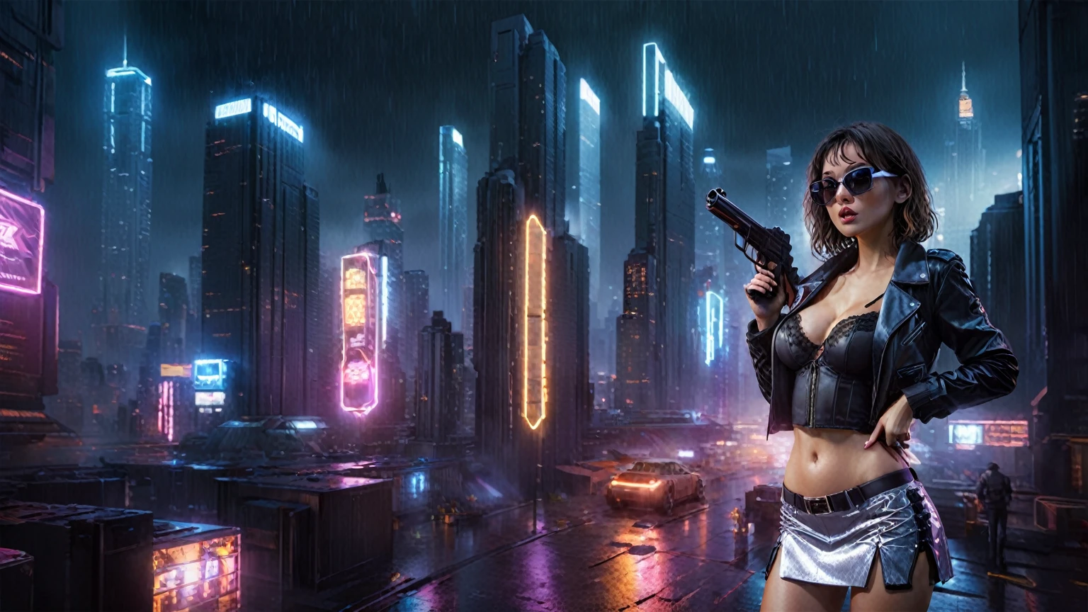 (aerial view), Blade Runner style futuristic city, flying cars, neon lights, rainy night. (1girl, solo, alone), large-breast:1.2 slim body, cleavage:1.1, sexy laced lingerie, very low angle view miniskirt, jacket, (black sunglasses), (holding a short gun), running pose, half-body thigh level medium shot, cinematic lighting, ray tracing.