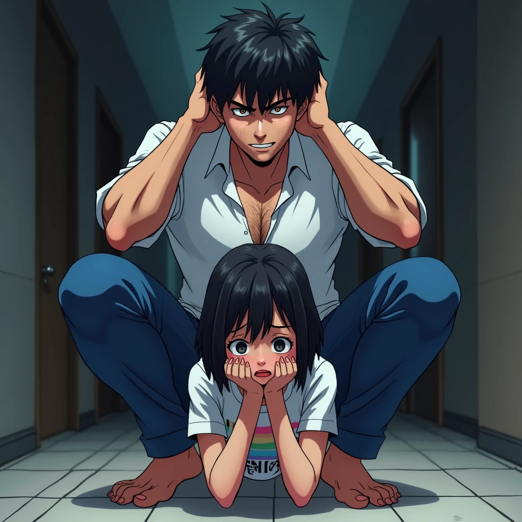 anime art: a IRANIAN 30-years old male wearing white button up shirt and tight blue pants, he’s squatting down with both hands behind his head, showing off sweaty armpits, big bulge, sweaty, slight smile. He’s squatting down behind a sad 30-years old female wearing lgbt shirt, she’s scared and sad. He’s behind her, squatting behind her. He’s behind her
