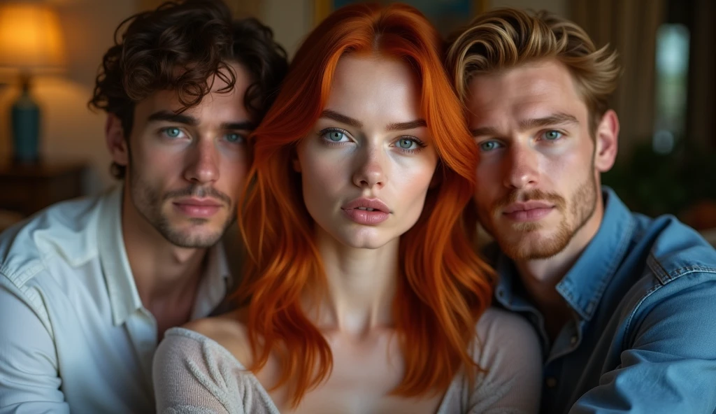 posing in the living room , 30 year old redhead, making a gesture , large blue eyes, high cheeks, well defined jawline, big eyebrows , (ashen hair) . sexy look, (full body photo ), 4K, detailded, and two men at his side, they are 2, man 1 has brown hair and man 2 has blond hair, both fair skin, man 1 has brown eyes man 2 has green eyes, man 1 is wearing a white dress shirt and black pants man 2 is wearing a blue shirt. 8k, ultra HD, ambiente detailded 