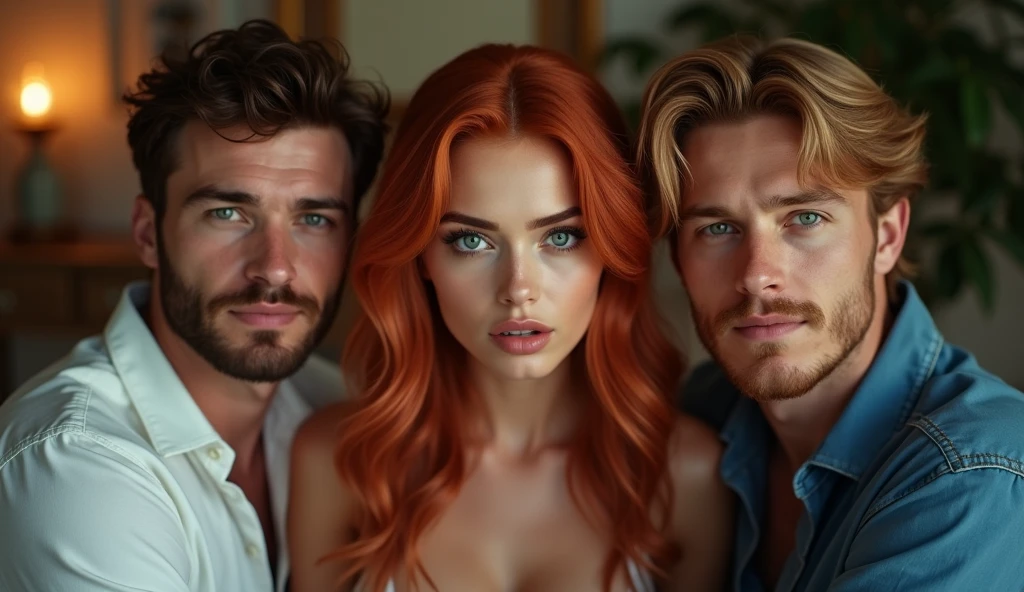 posing in the living room , 30 year old redhead, making a gesture , large blue eyes, high cheeks, well defined jawline, big eyebrows , (ashen hair) . sexy look, (full body photo ), 4K, detailded, and two men at his side, they are 2, man 1 has brown hair and man 2 has blond hair, both fair skin, man 1 has brown eyes man 2 has green eyes, man 1 is wearing a white dress shirt and black pants man 2 is wearing a blue shirt. 8k, ultra HD, ambiente detailded