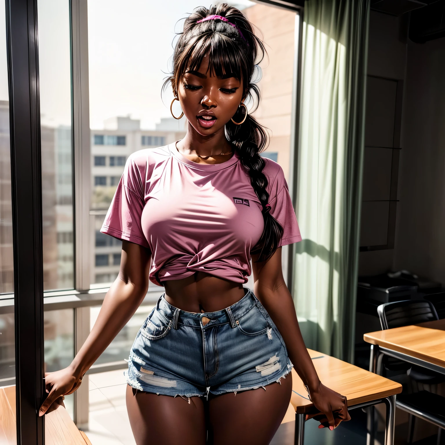 high quality, ebony girl, high resolution, volumetric lighting, 8k, beautiful woman, (dark skin), college student, 's uniform, (big-ass), breasts big, (pink tub top shirt), (cotton shorts:1.2), Wavy hair, pony tail, bangs, headband, hoop earnings, class room, pose sexy, seductively pose, cowboy shot, ((slim thick body:1.1), open mouth, big lips, screaming, orgasm, night time, eyes closed, 