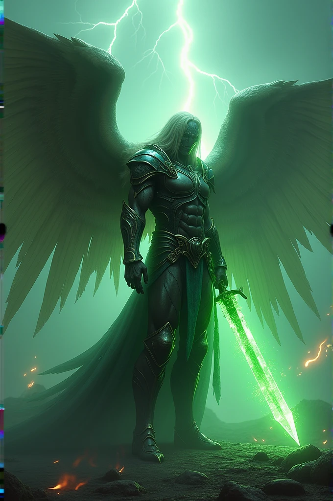 Fallen angel warrior with six wings, demonic right hand, holding legendary sword with green aura