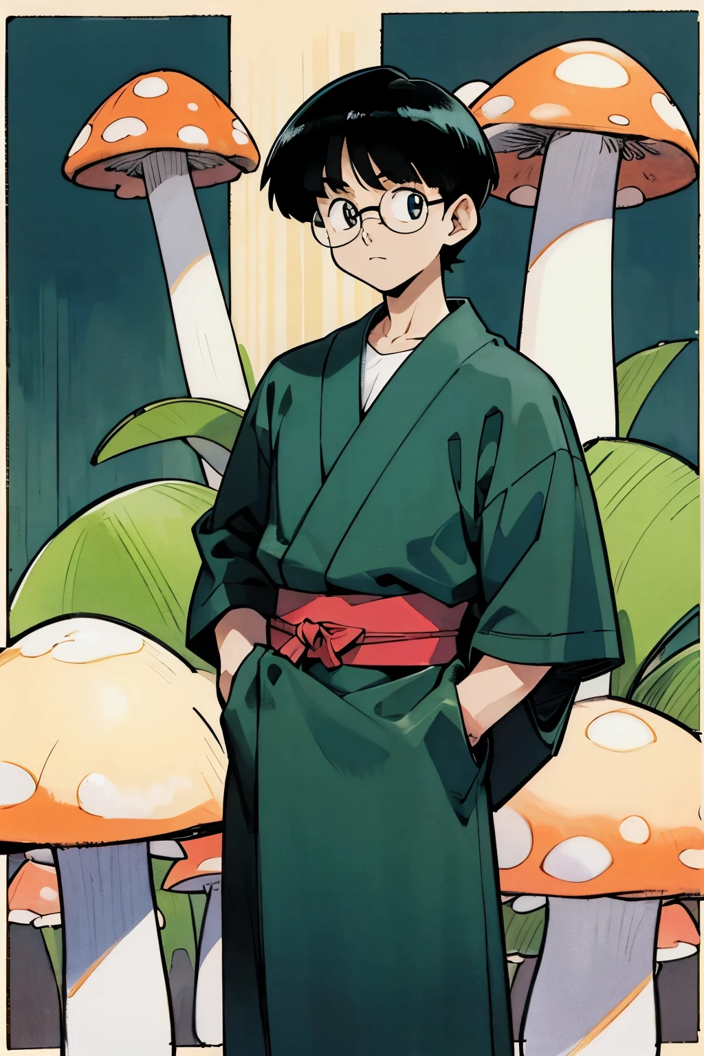 by Ken Sugimori, sugimori 1990s, ((only 1man)), kimono, glasses, mushrooms in the background, ((hands behind their back)), full black pupils, manga, best quality, highly detailed, clean lines, cowboy shot, good hands, good eyes, hd, 8k, professional, symmetrical, hires, 8k,