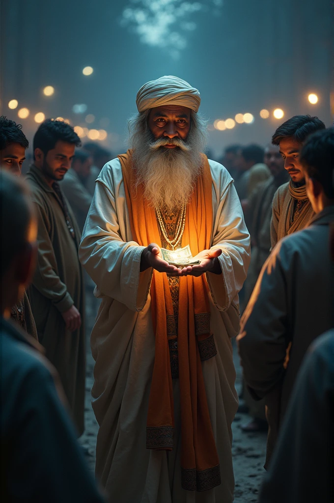 Sain baba giving money to people at night.