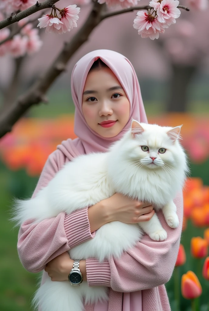 Beautiful white-skinned Korean woman, wearing a pink hijab, wearing a pink knit hoodie, black cargo pants, boots, holding a large Angora versia cat, wearing a watch, near a cherry tree, with a background of blooming tulips, green grass ,tulips, original photos, studio