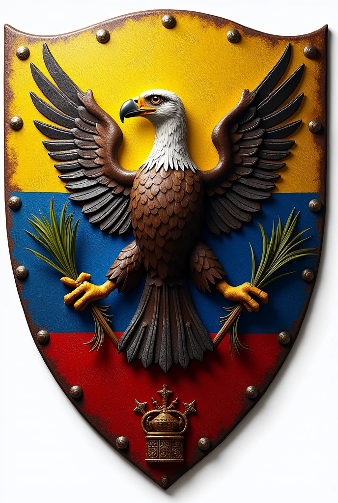 Make a shield with the colors of the Colombian flag with Colombian population, Ethnic groups of Colombia with weapons, with an Andean condor, and a representation of public power.
All within the shield. Divide the shield into three parts