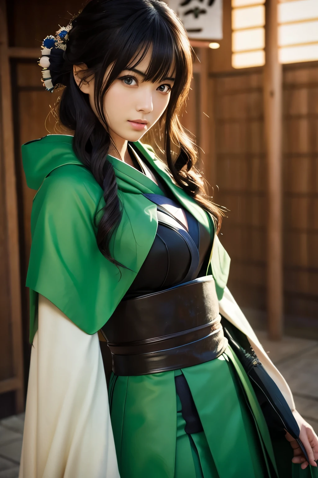 Green Arrow, Japan, Sengoku period, beautiful girl, Japanese anime, black hair, big cool eyes, kimono, superhero, hood