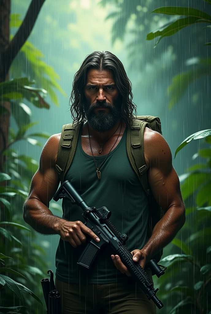 

"A cinematic hyperrealistic posterized version of male with beard long hair sleeveless shirt with camping tactical back holding pistol Glock 17  rain forest jungle title wrote SESAT