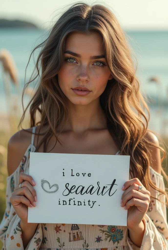 Beautiful girl with wavy long hair, bohemian dress, holding a white board with text "I Love Seaart Infinity" and showing it to the viewer