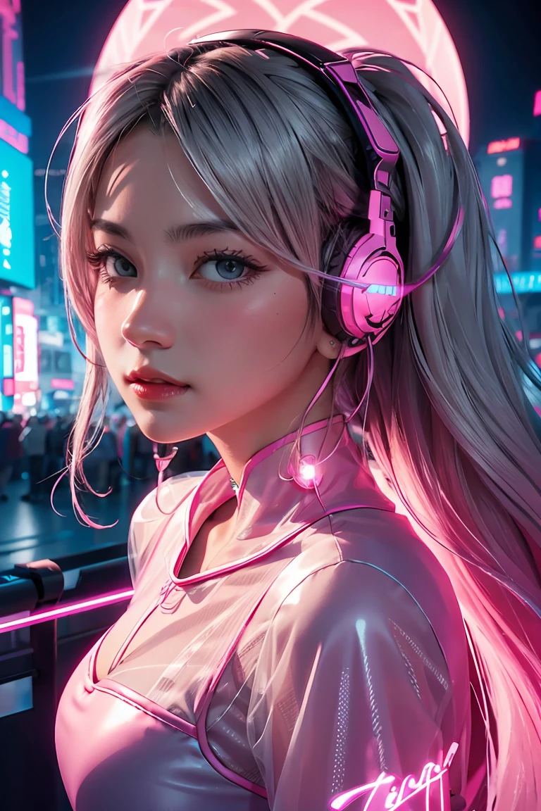 Singer, microphone in hand, cyberpunk microphone, singing, 1 girl, Chinese_clothes, liquid silver and pink, cyberhan, cheongsam, cyberpunk city, dynamic pose, glowing headphones, glowing hair accessories, long hair, glowing earrings, glowing necklace, cyberpunk, high-tech city, full of mechanical and futuristic elements, futuristic, technology, glowing neon, pink, pink light, transparent tulle, transparent streamers, laser, digital background urban sky, big moon, with vehicles, best quality, masterpiece, 8K, character edge light, super high detail, high quality, the most beautiful woman in human beings, micro smile, face left and right symmetry, ear antenna, beautiful pupil light effect, visual data