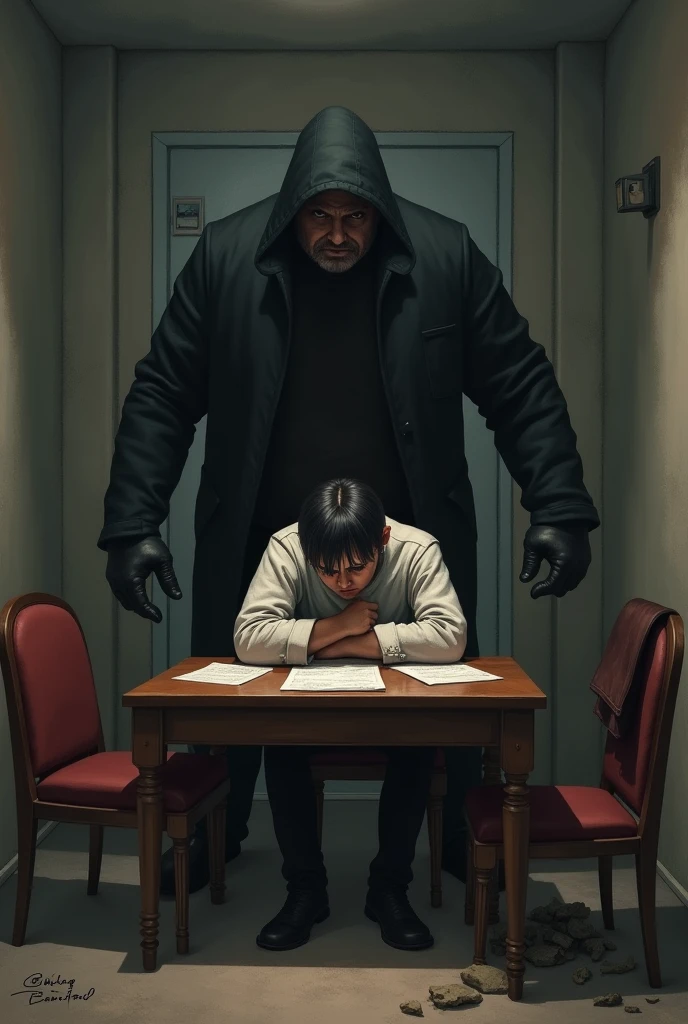 A person is being unlawfully detained and is seated at a table with a contract in front of them.
The figure detaining them is standing near the door or exit, blocking any escape.