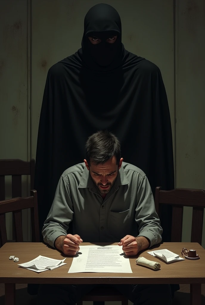 A person is being unlawfully detained and is seated at a table with a contract in front of them.

The figure detaining them is standing near the door or exit, blocking any escape.
