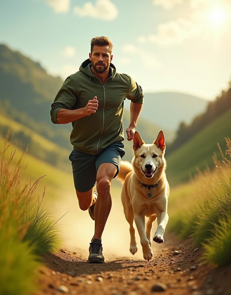 A general shot showing a man running with his dog 