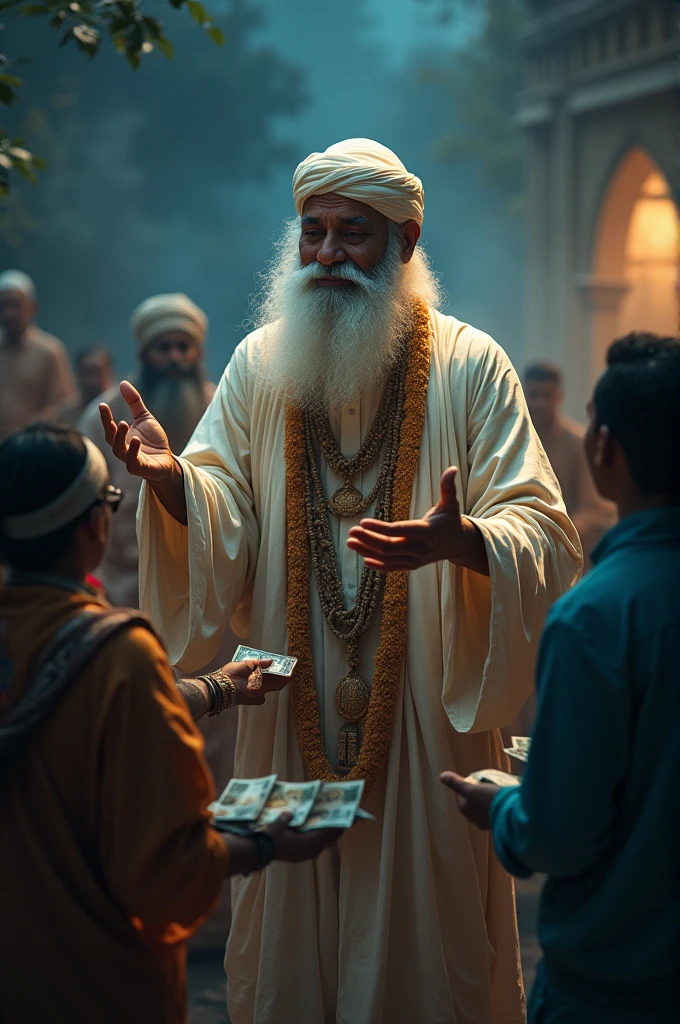 Sain baba giving money to people at night.