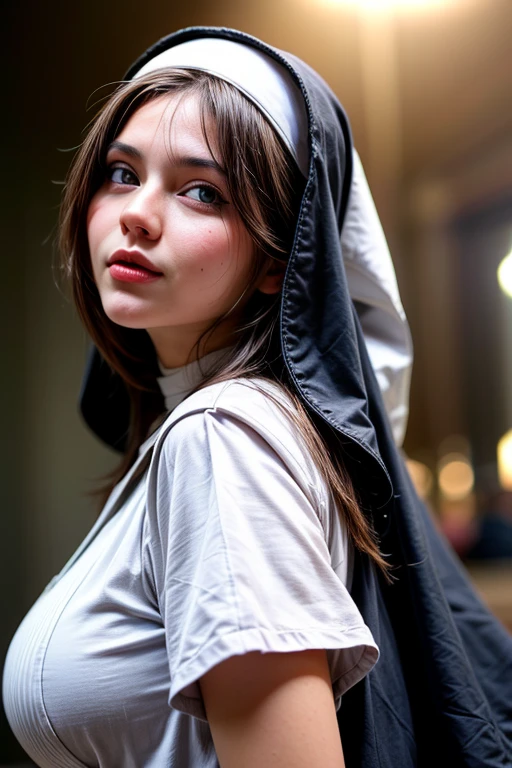 Stunning girl, best quality, ultra high res, (photorealistic:1.4), (faded ash white hair:1), large_breasts, droopy breasts, thick thighs, wide hips, ((revealing nun cosplay)), black nun robe, veil covering hair, necklace, praying_hands, close up, church, Beautiful face, (upon body from head to waist:1.35), tyndall effect, photorealistic, 8k uhd, dslr, high quality, volumetric lighting, candid, Photograph, high resolution, 4k, 8k, Bokeh, (hyperrealistic girl), (illustration), (high resolution), (extremely detailed), (best illustration), (beautiful detailed eyes), (best quality), (ultra-detailed), (masterpiece), (wallpaper), (photorealistic), (natural light), (rim lighting), (detailed face), (high detailed realistic skin face texture), (anatomically correct), (heterochromic eyes), (detailed eyes), (sparkling eyes), (dynamic pose), (loose hair:1.35), looking to viewer,