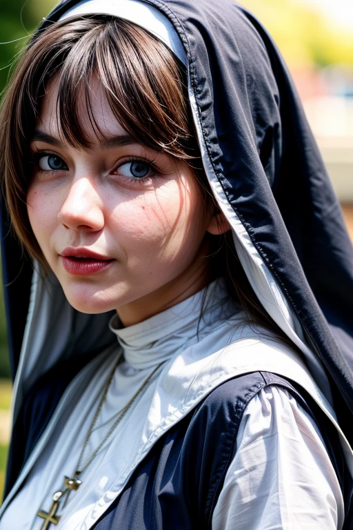 Stunning girl, best quality, ultra high res, (photorealistic:1.4), (faded ash white hair:1), large_breasts, droopy breasts, thick thighs, wide hips, ((revealing nun cosplay)), black nun robe, veil covering hair, necklace, praying_hands, close up, church, Beautiful face, (upon body from head to waist:1.35), tyndall effect, photorealistic, 8k uhd, dslr, high quality, volumetric lighting, candid, Photograph, high resolution, 4k, 8k, Bokeh, (hyperrealistic girl), (illustration), (high resolution), (extremely detailed), (best illustration), (beautiful detailed eyes), (best quality), (ultra-detailed), (masterpiece), (wallpaper), (photorealistic), (natural light), (rim lighting), (detailed face), (high detailed realistic skin face texture), (anatomically correct), (heterochromic eyes), (detailed eyes), (sparkling eyes), (dynamic pose), (loose hair:1.35), looking to viewer,