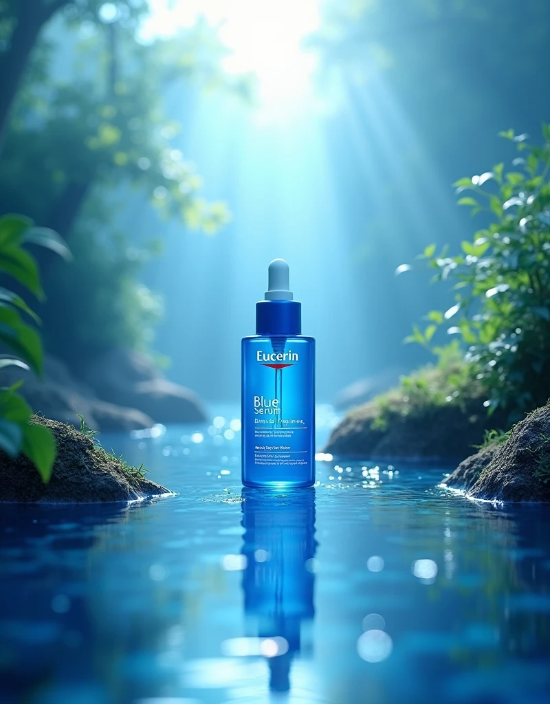 Eucerin brand blue serum in blue nature with a radiant light