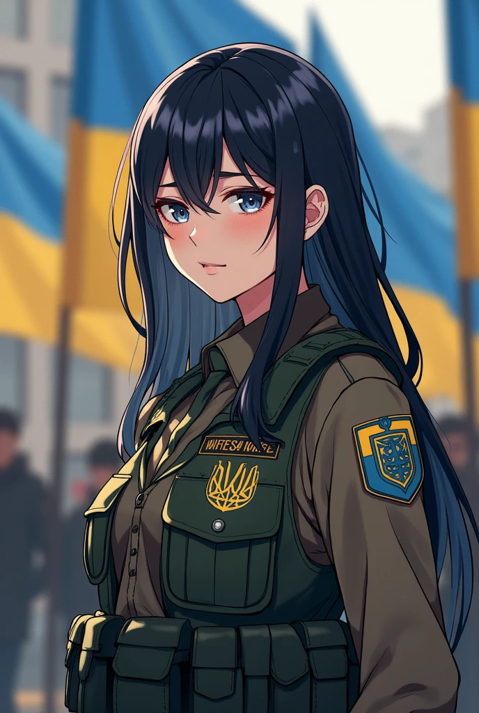 Anime girl militaire avec un patch World wide white pride écrit en gros sur son gilet par balle  , et derrière elle le drapeau ukrainien avec le logo du régiment azov 